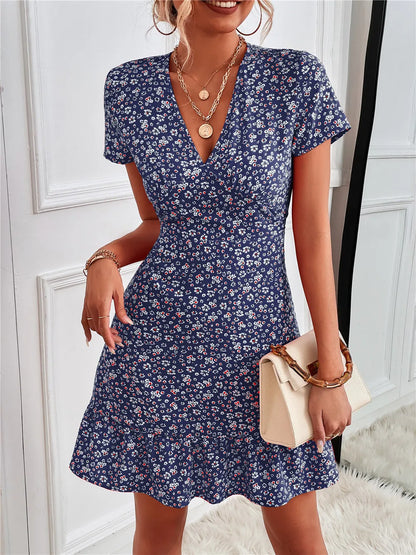 Printed Ruffled Hem V-Neck Short Sleeve Mini Dress