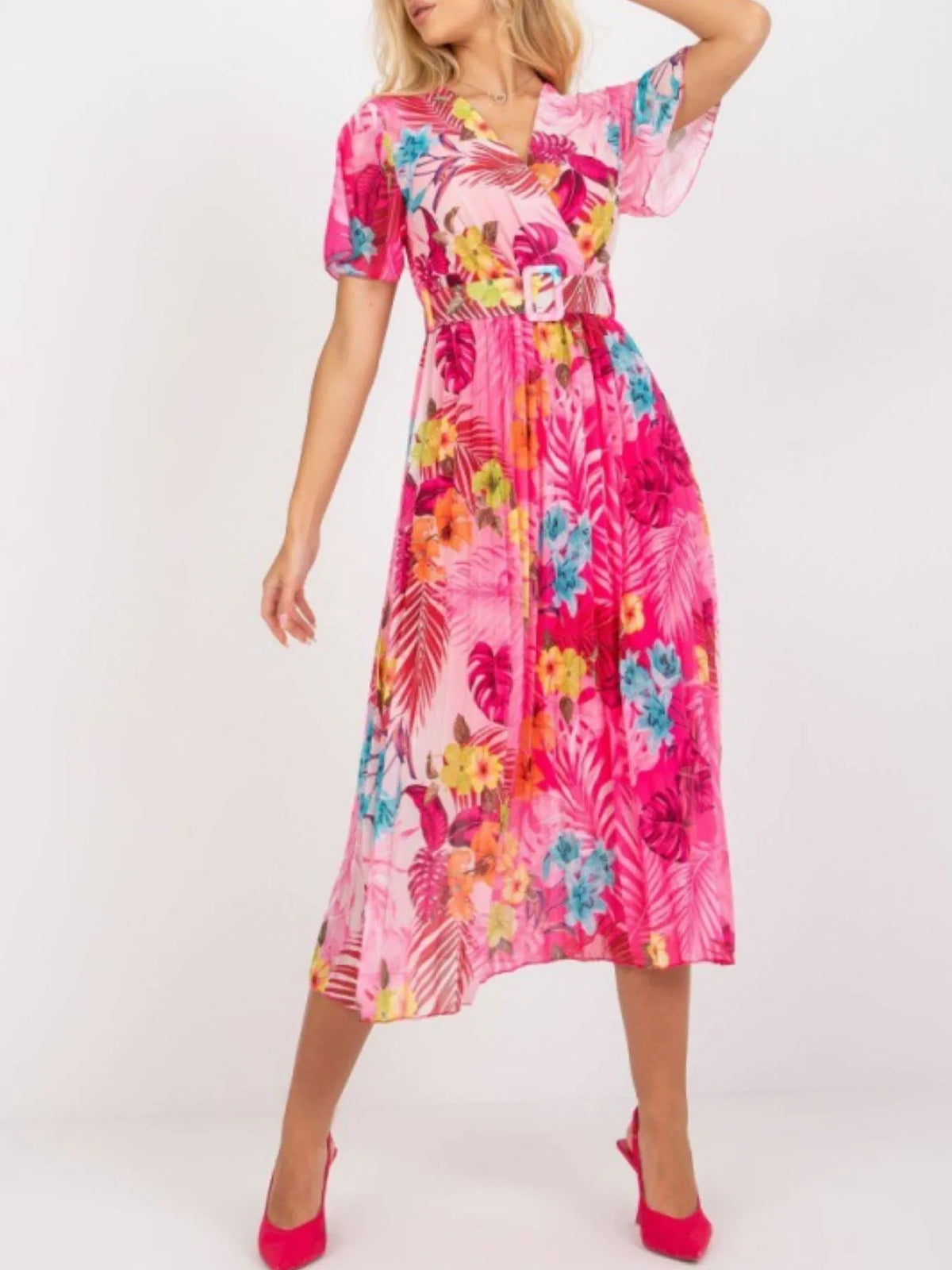 Printed Pleated Midi Wrap Dress with Belt