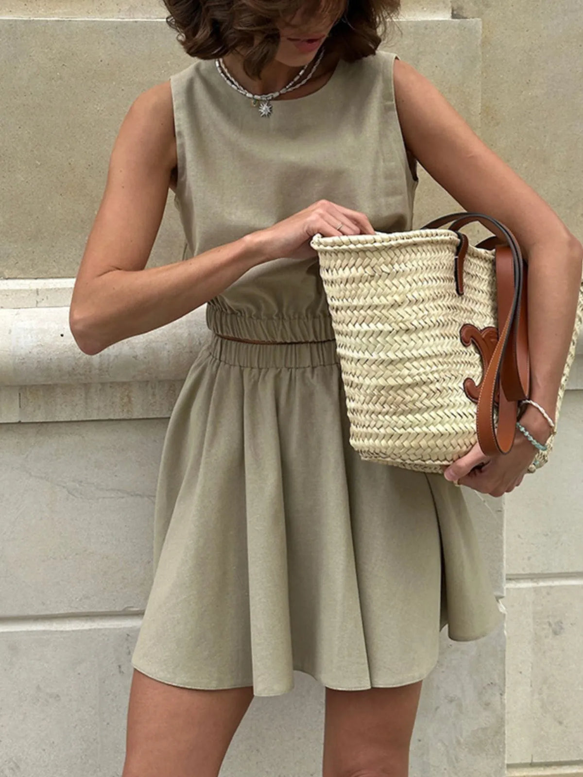 Round Neck Sleeveless Top and Skirt Set