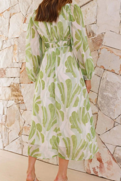 Printed V-Neck Long Sleeve Midi Dress