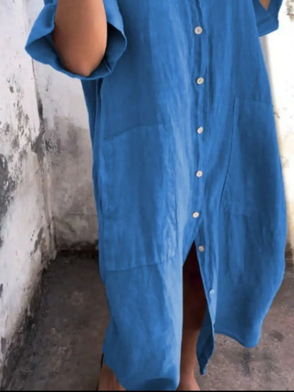 Full Size Casual Linen Button-Down Shirt Dress Plus Size