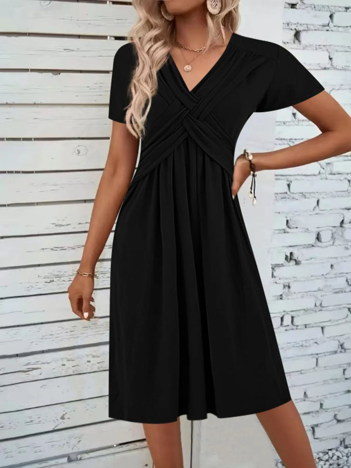 V-Neck Short Sleeve Midi Dress