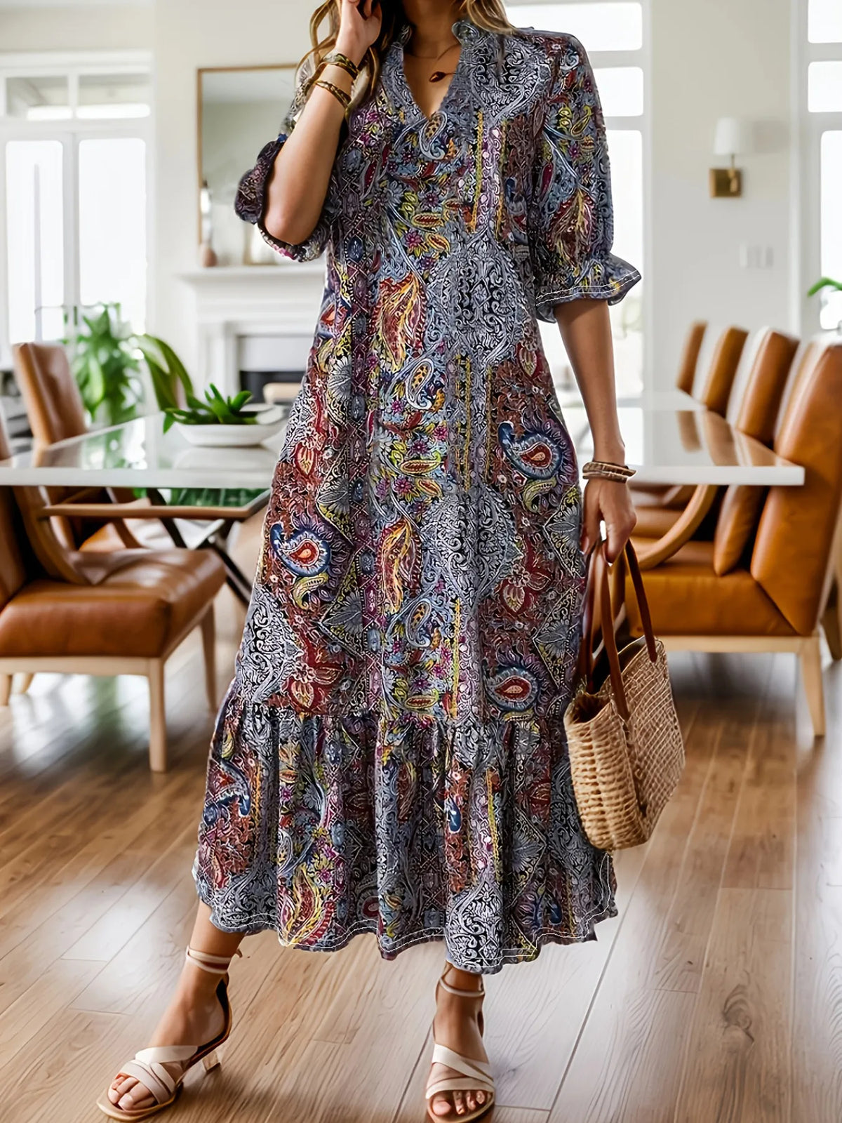 Full Size Bohemian Paisley Print Ruffle Hem Midi Dress Plus Size