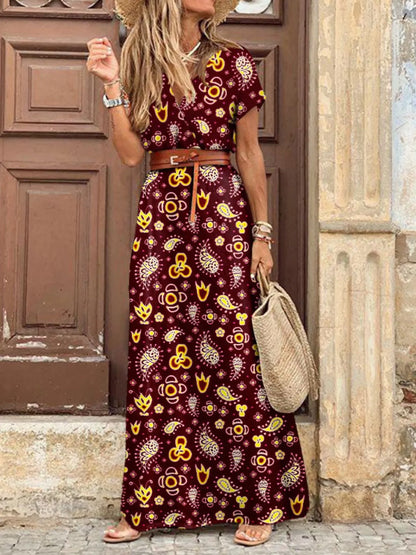 Full Size Printed V-Neck Short Sleeve Maxi Dress Plus Size