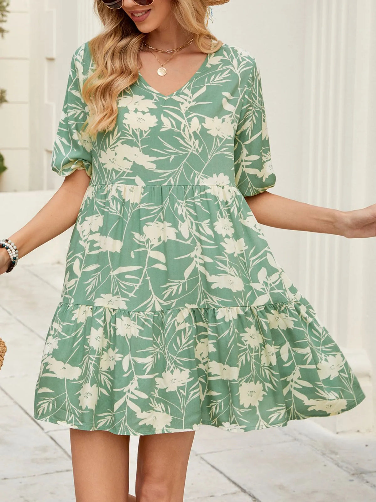 Printed V-Neck Ruffle Hem Mini Dress