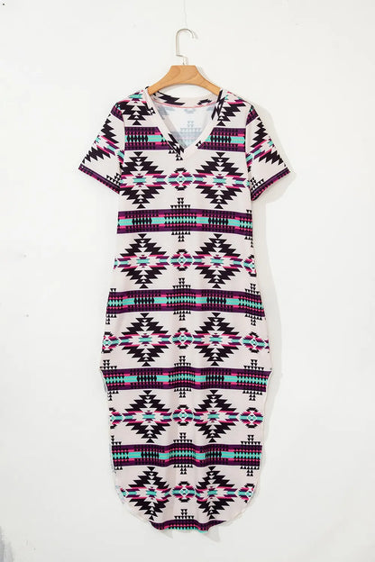 Aztec Print V-Neck Midi Dress