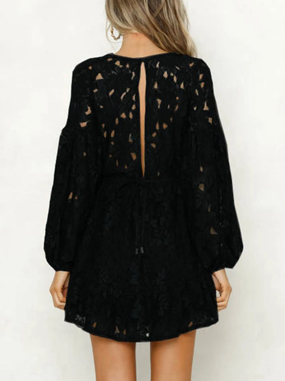 Lace V-Neck Long Sleeve Mini Dress