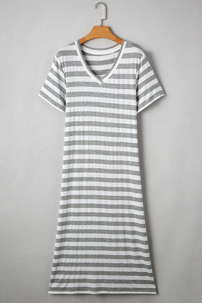 Casual Striped V-Neck Midi T-Shirt Dress