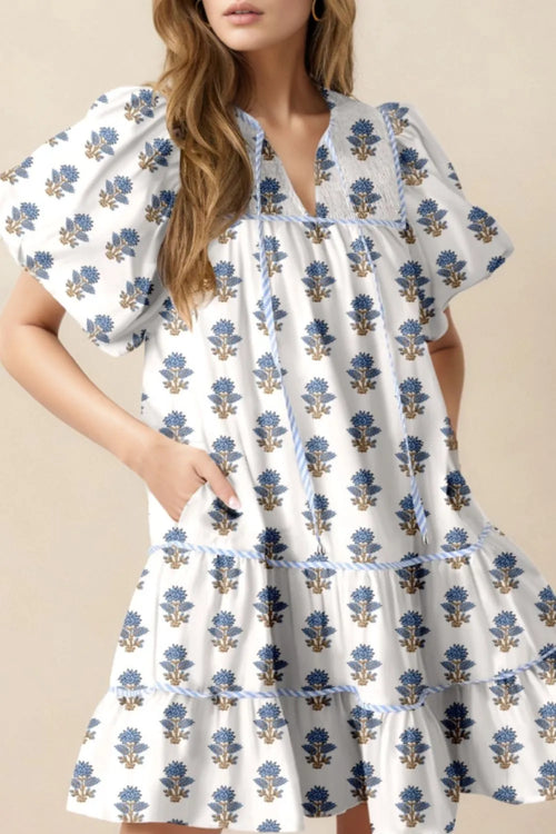 Floral Puff Sleeve Mini Dress with Pockets