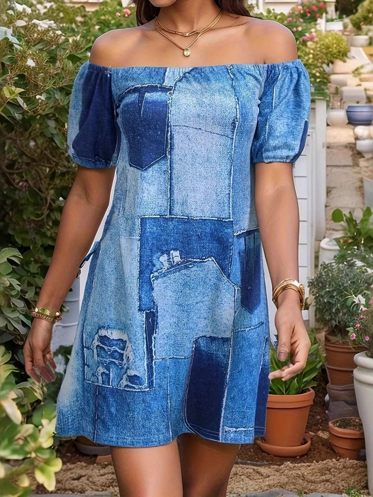 Patchwork Off Shoulder Denim Mini Dress