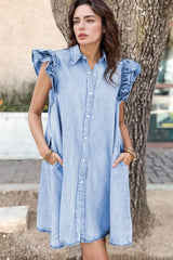 Ruffled Button Front Cap Sleeve Denim Dress