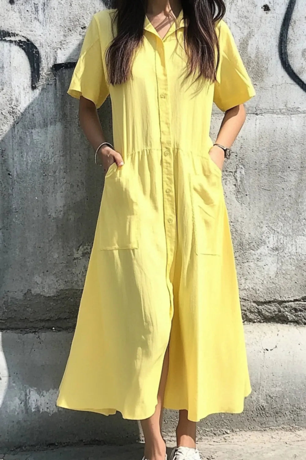 Button Front Short Sleeve Midi Dress