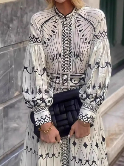 Printed Long Sleeve Shirt Dress with Belt