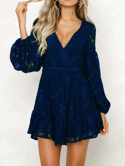 Lace V-Neck Long Sleeve Mini Dress