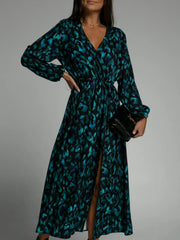 Printed Surplice Long Sleeve Midi Dress