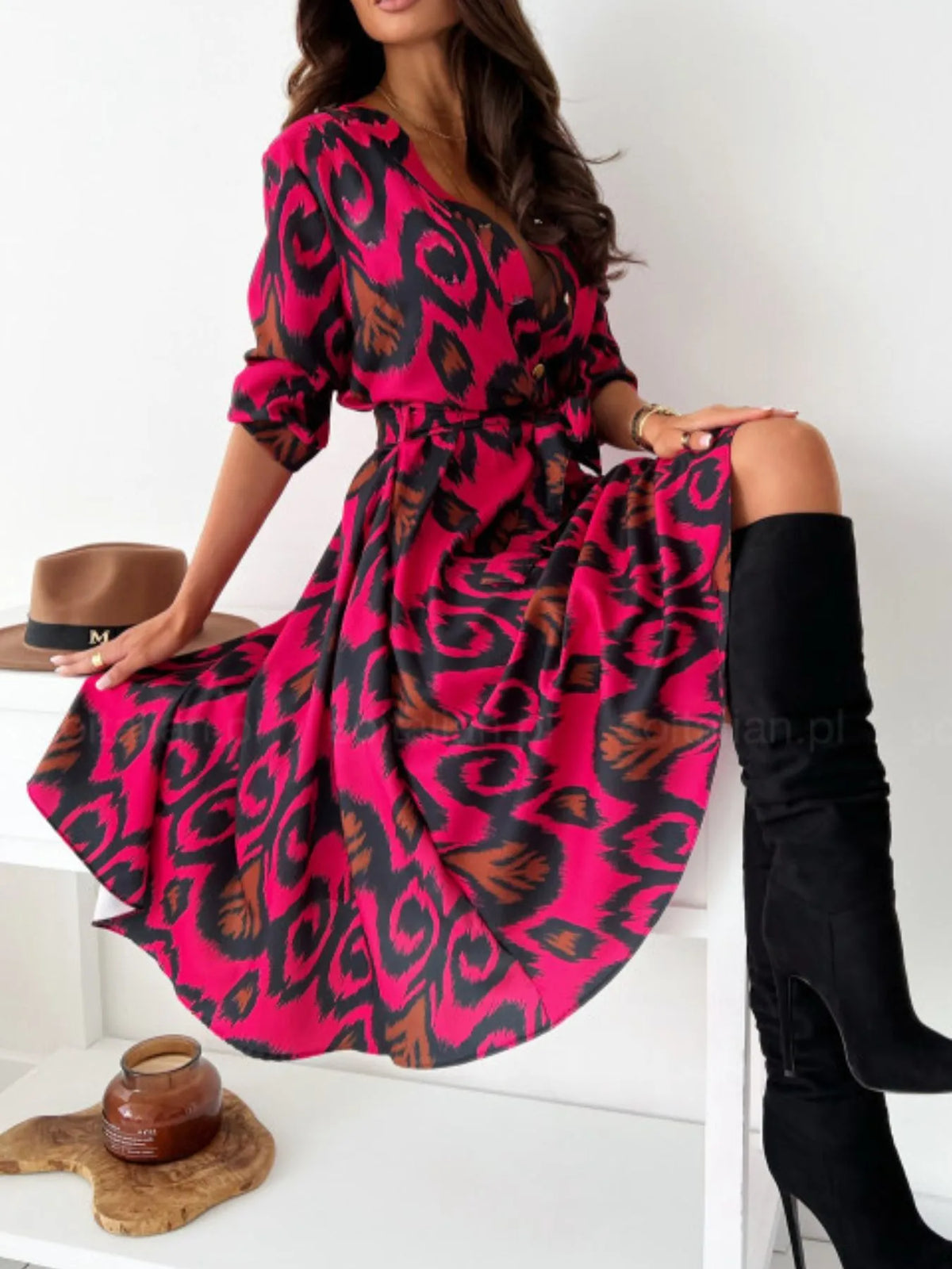 Printed Tie Waist Midi Dress
