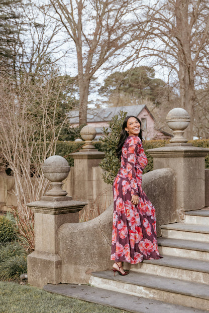 Calypso Long Sleeve Maxi Dress - Burgundy Peony
