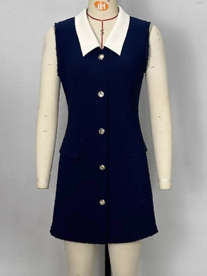 Contrast Collar Button-Front Sleeveless Mini Dress