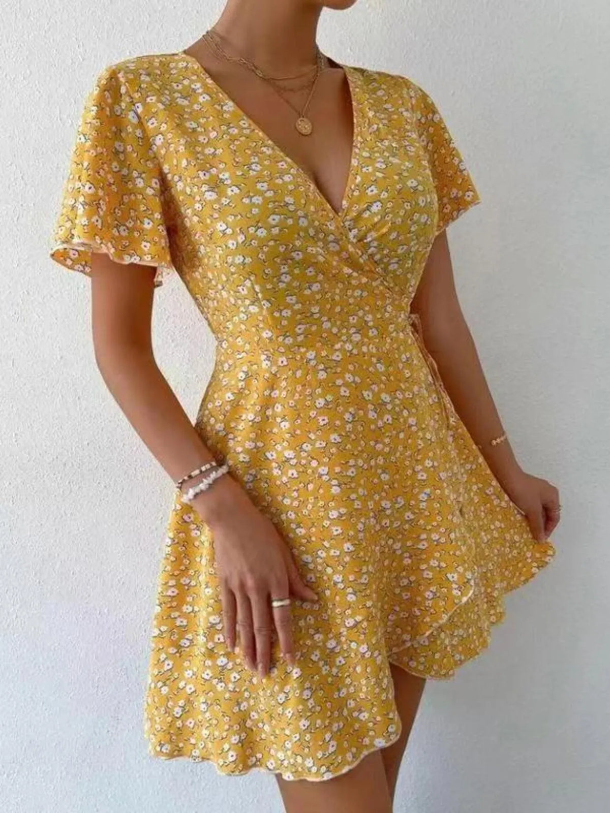 Floral Flutter Sleeve Wrap Mini Dress