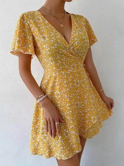 Floral Flutter Sleeve Wrap Mini Dress