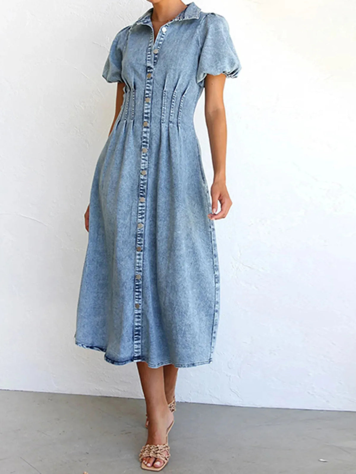 Puff Sleeve Button Front Denim Midi Dress