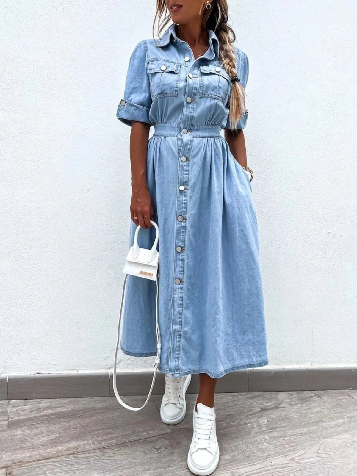 Full Size Button Down Roll-Up Sleeve Denim Shirt Dress Plus Size
