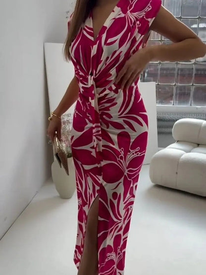 Full Size Slit Printed V-Neck Midi Dress Plus Size