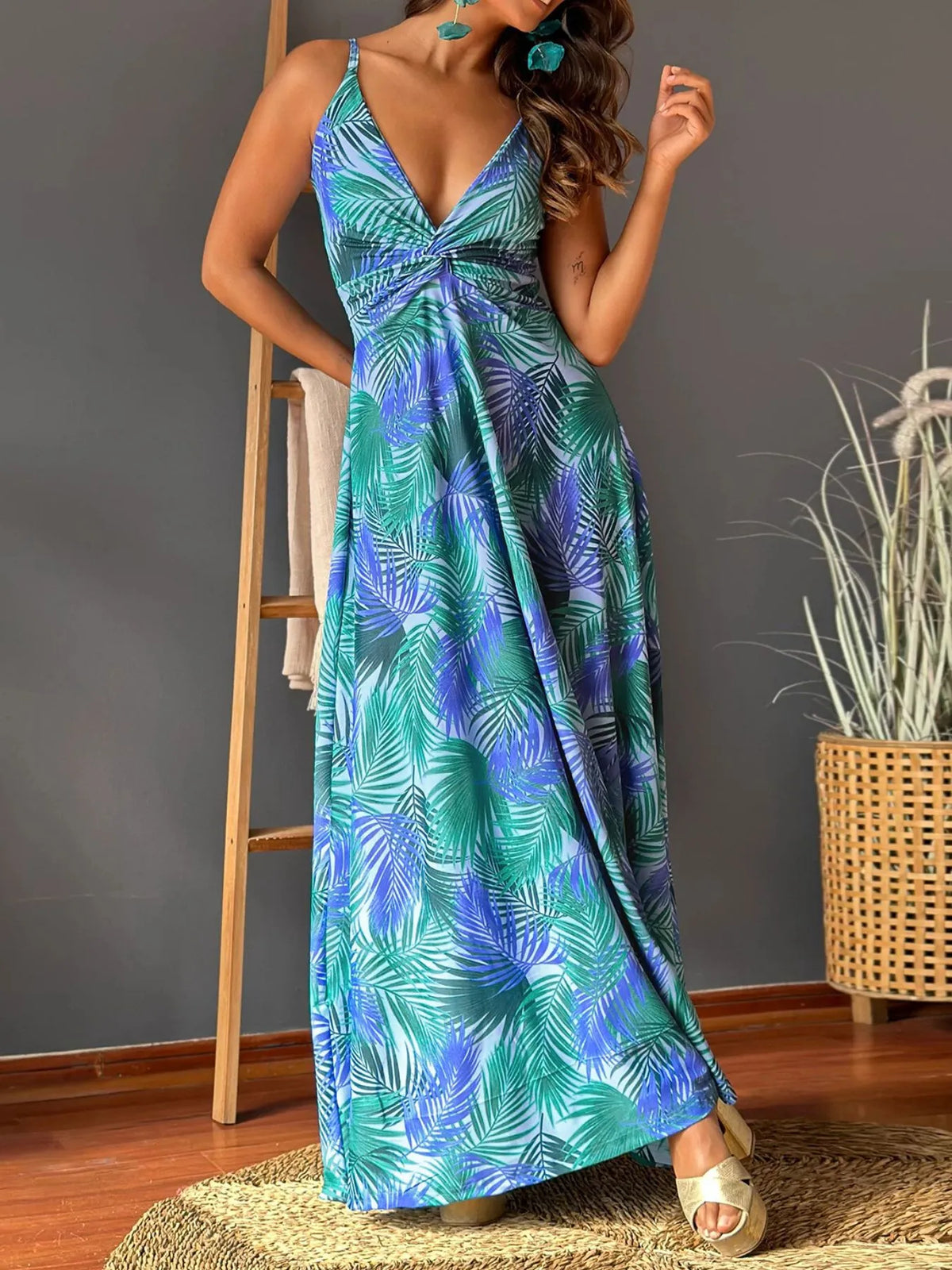 Tropical Print V-Neck Maxi Dress