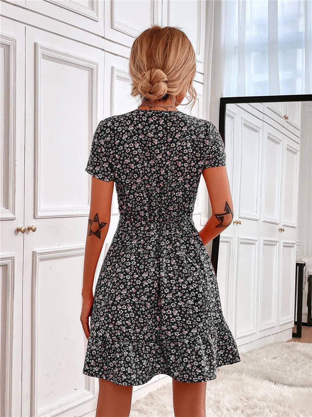 Printed Ruffled Hem V-Neck Short Sleeve Mini Dress