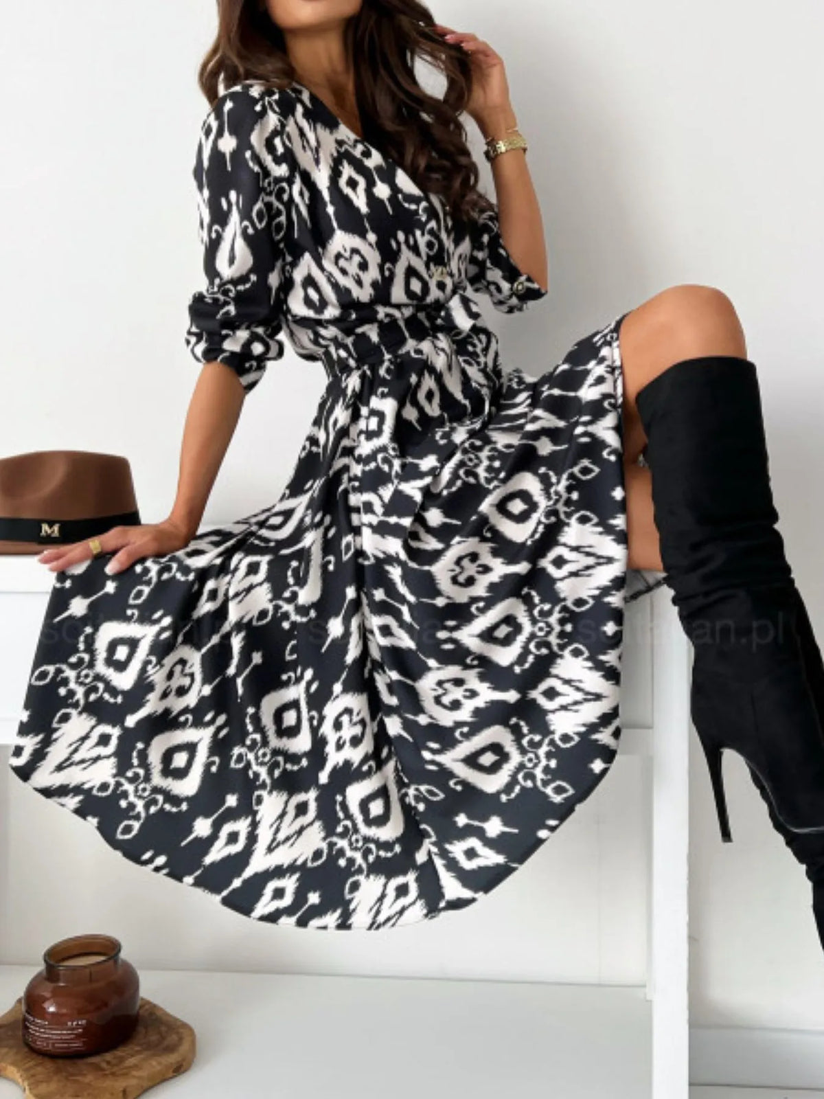 Printed Tie Waist Midi Dress