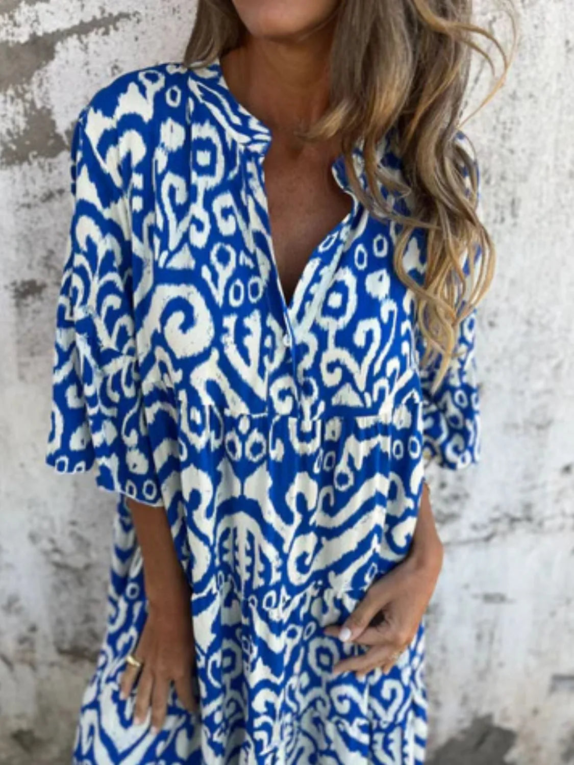 Full Size Printed Notched Half Sleeve Dress Plus Size