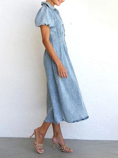 Puff Sleeve Button Front Denim Midi Dress