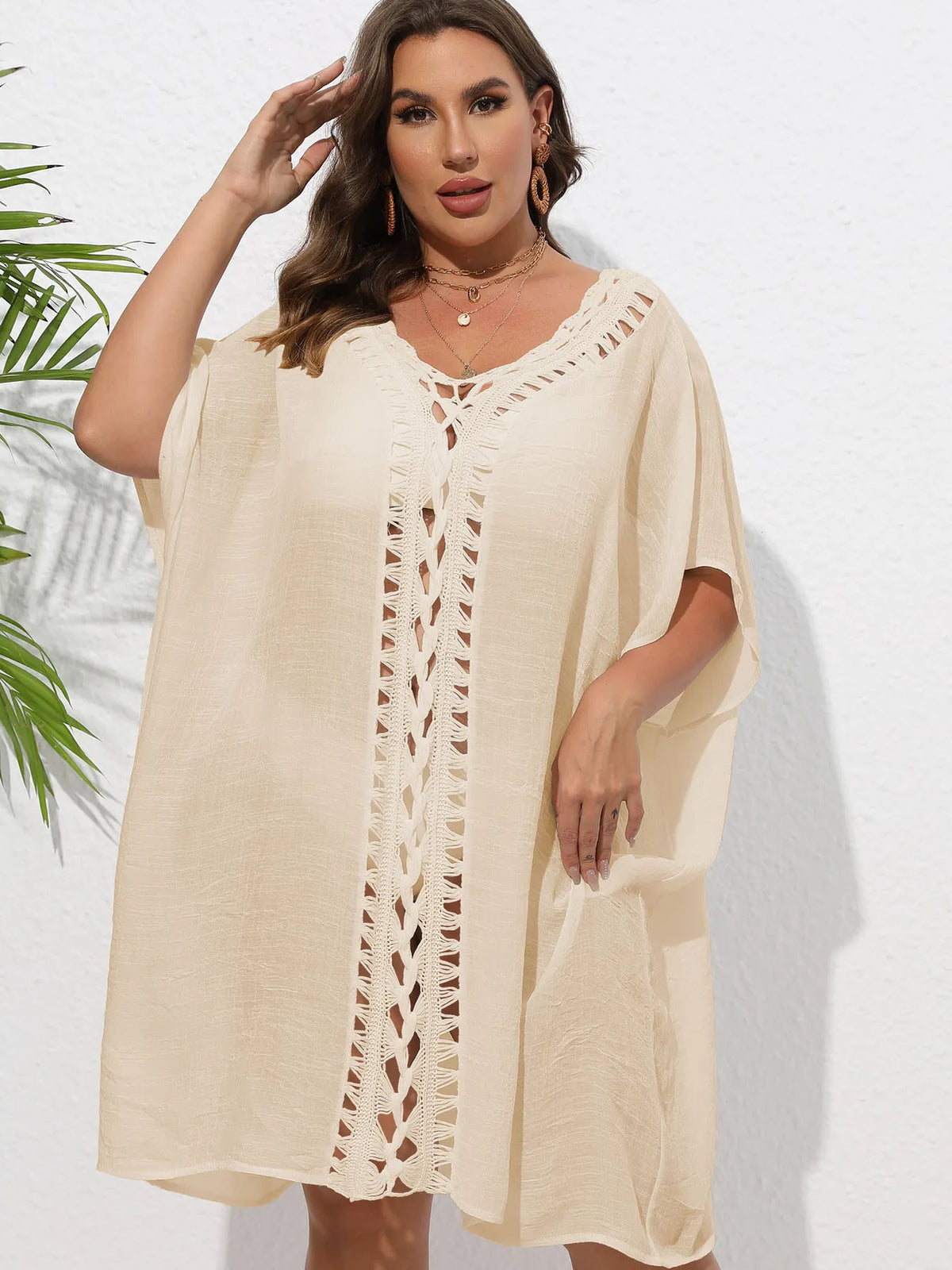 Crochet Trim V-Neck Beach Cover Up Dress