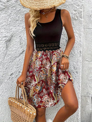 Printed A-Line Tank Dress with Lace Waist Detail