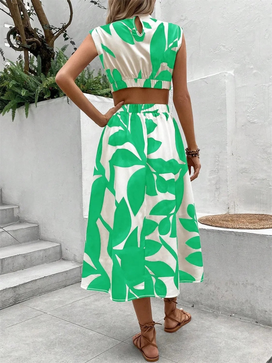 Cutout Printed Cap Sleeve Midi Dress