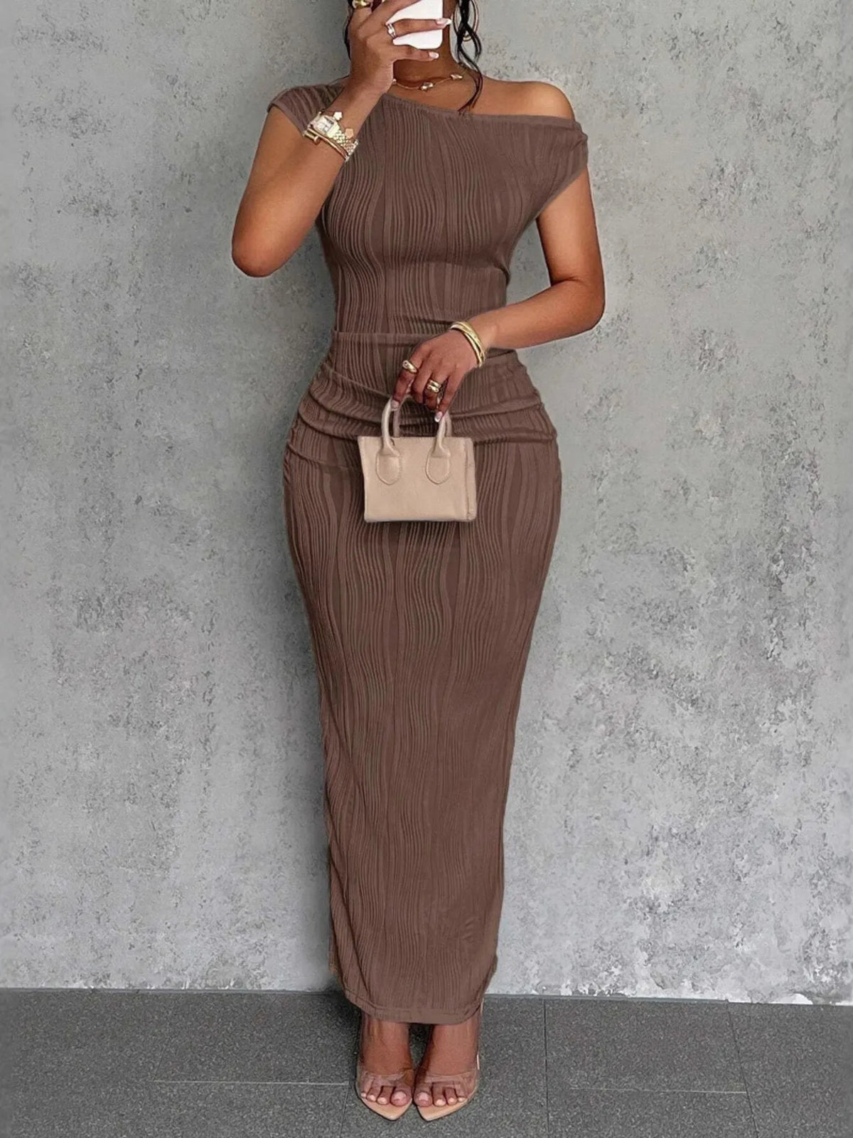 Textured Single Shoulder Bodycon Maxi Dress