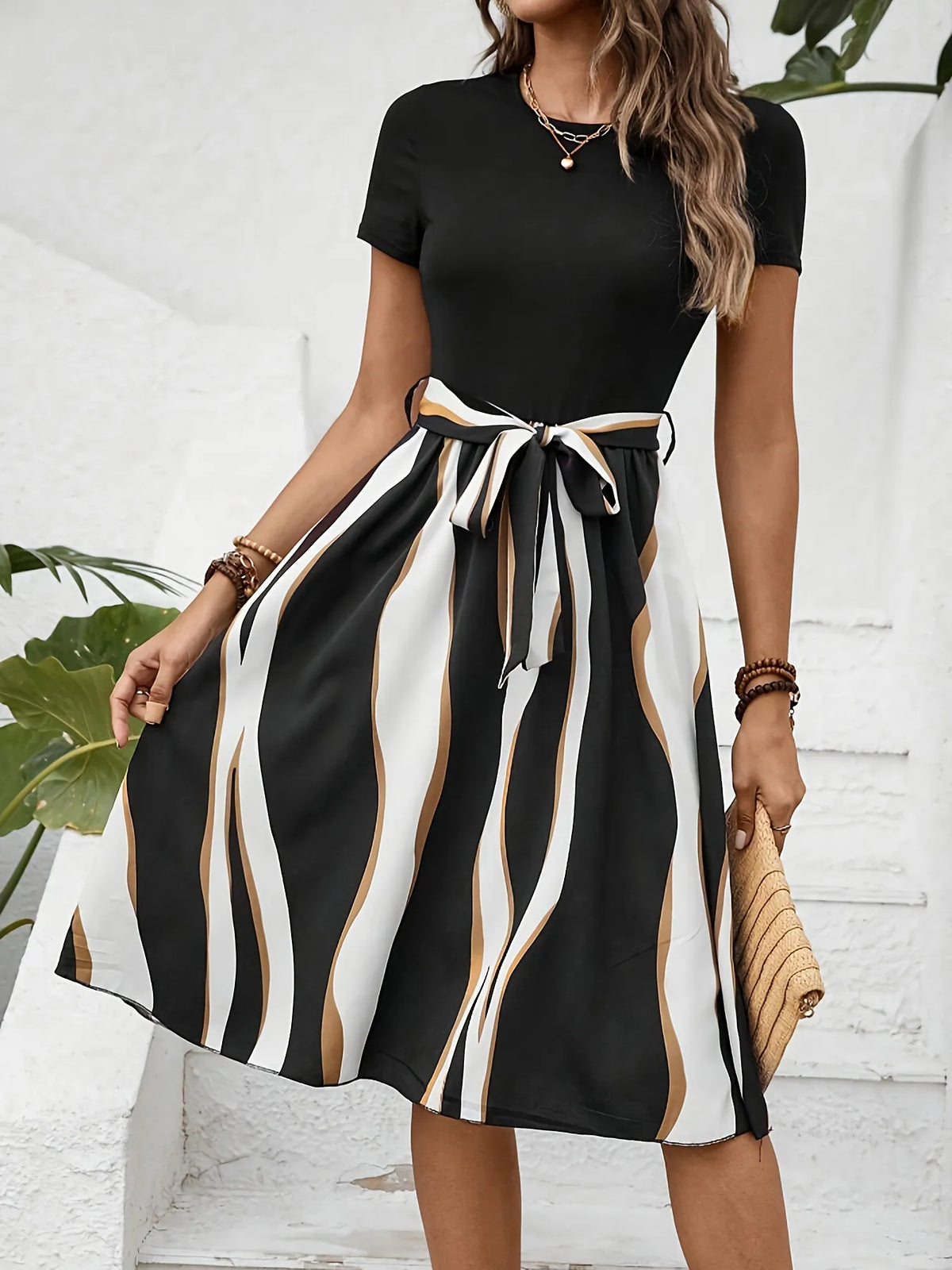 Striped Short Sleeve Tie Waist Dress