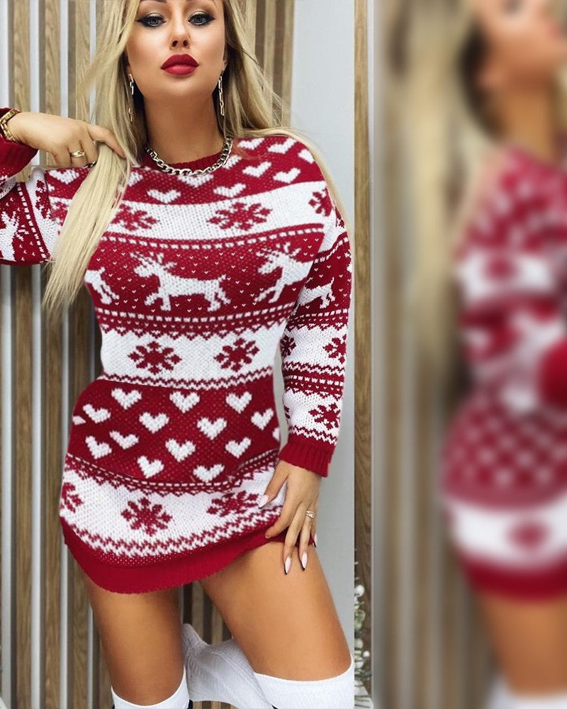 Christmas Elk Heart Snowflake Print Knit Casual Dress