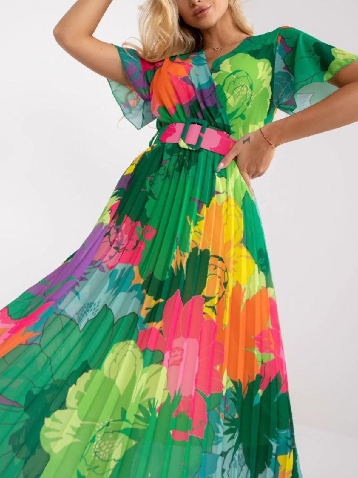 Printed Pleated Midi Wrap Dress with Belt
