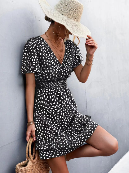 V-Neck Flutter Sleeve Mini Dress