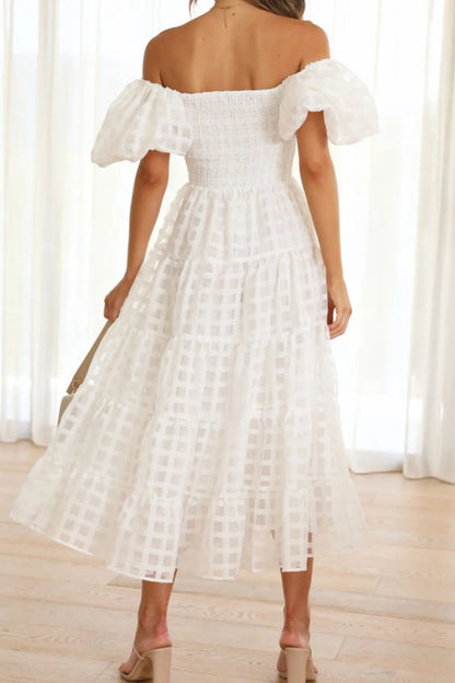 Off Shoulder Short Puff Sleeve Midi Dress