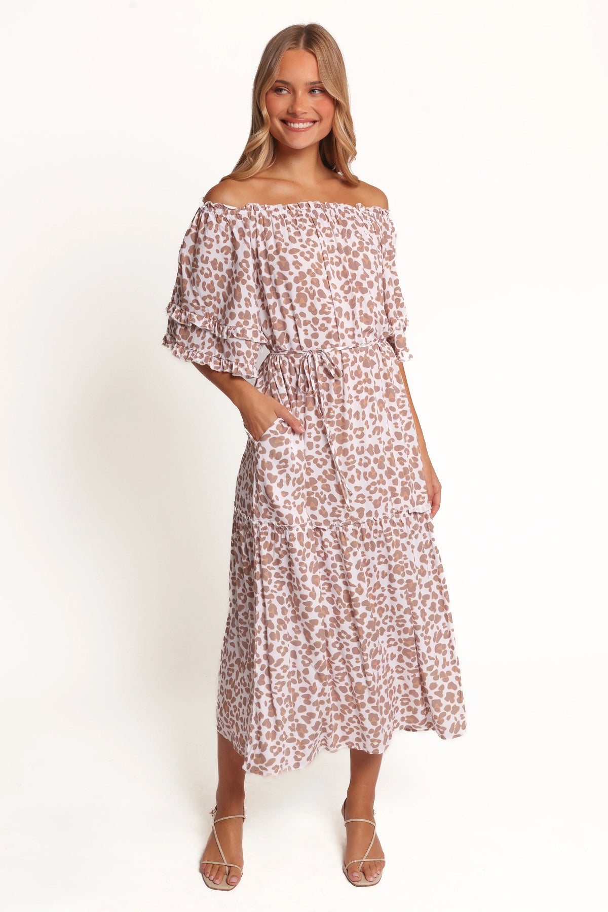 Rhody Off Shoulder Maxi Dress - White Leopard