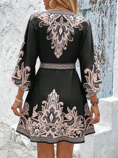 Paisley V-Neck 3/4 Sleeve Mini Dress