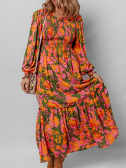 Smocked Floral Print Long Sleeve Maxi Dress