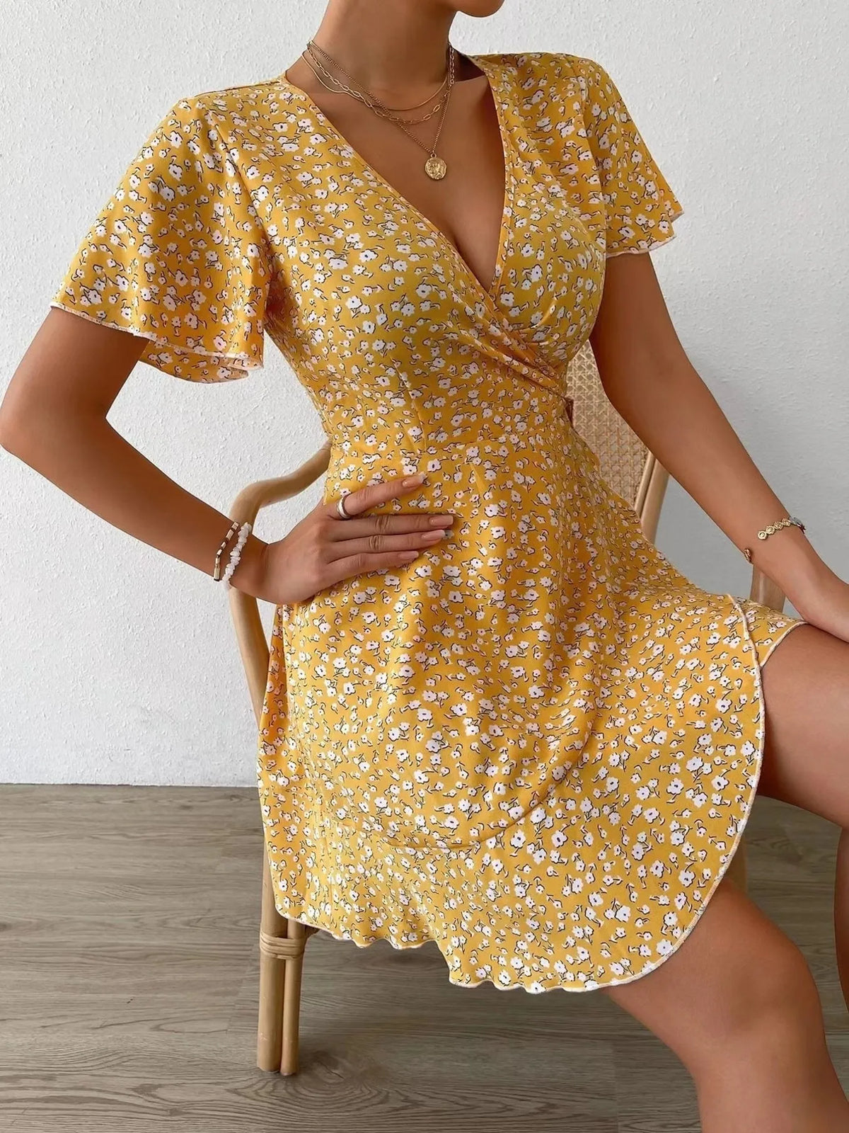 Floral Flutter Sleeve Wrap Mini Dress