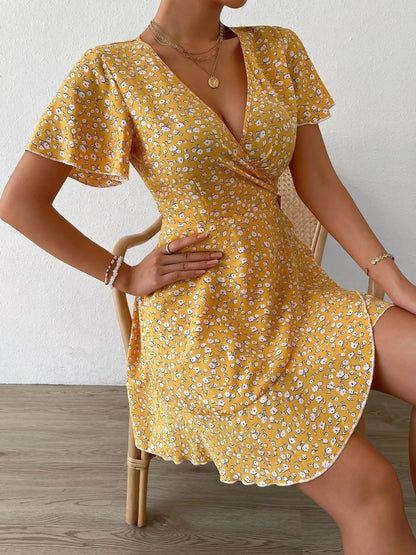 Floral Flutter Sleeve Wrap Mini Dress