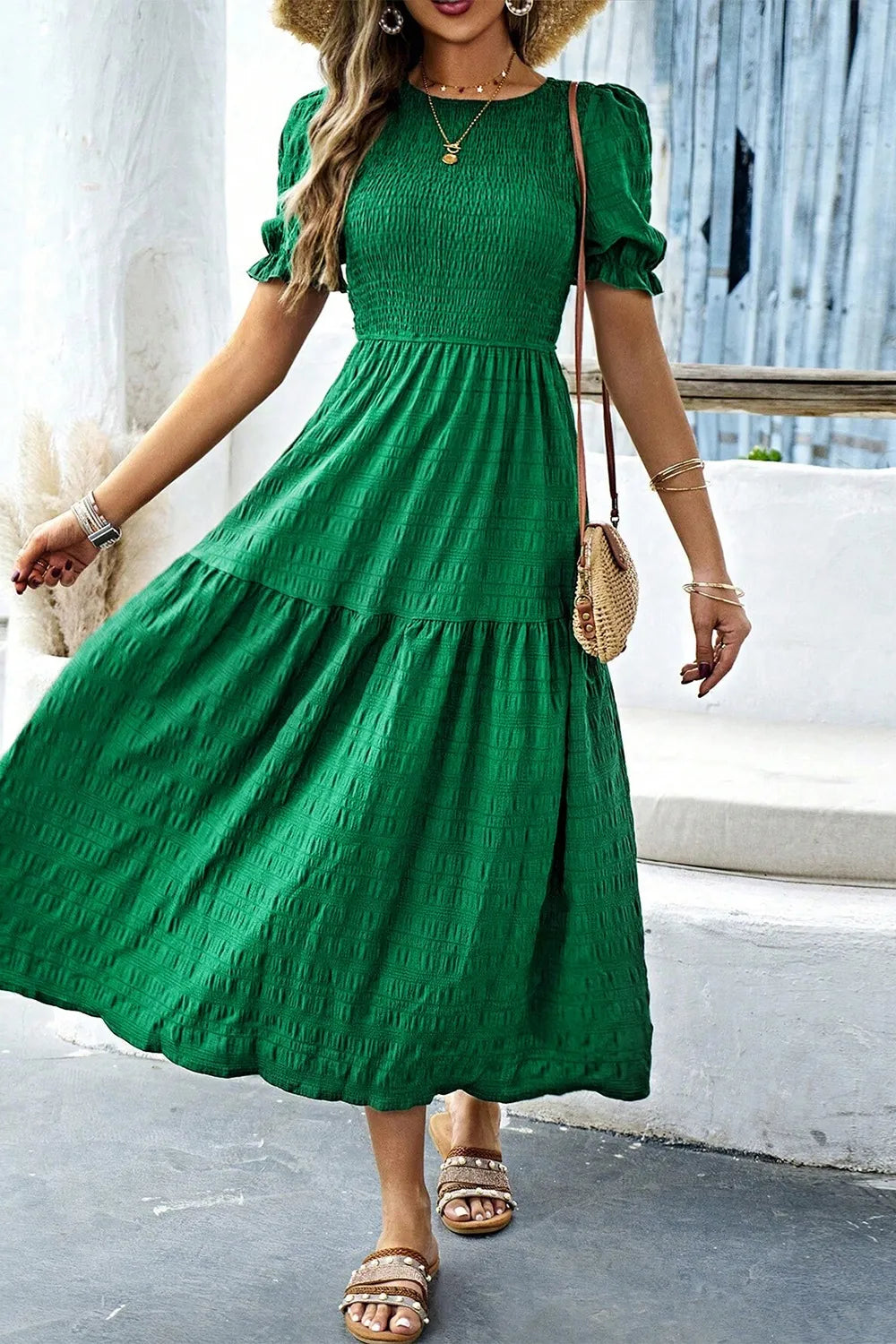Smocked Puff Sleeve Midi Dress