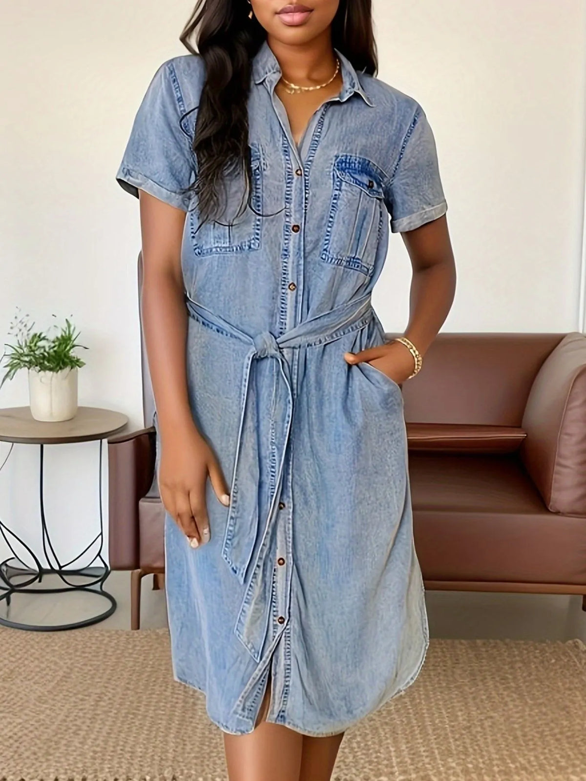 Button Front Short Sleeve Denim Dress