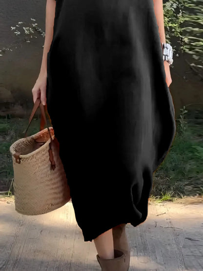 Full Size Casual Loose Fit Round Neck Midi Dress Plus Size