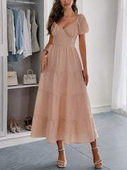 Backless Tiered Puff Sleeve Midi Dress